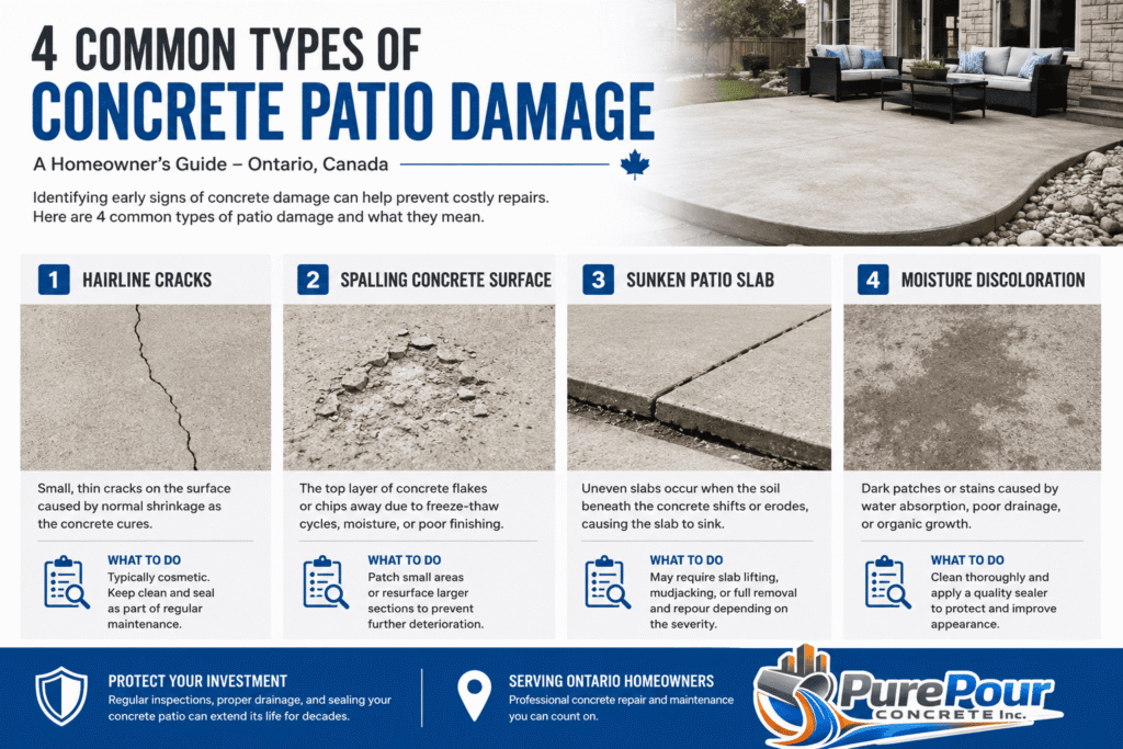Common concrete patio damage including cracks spalling sinking slabs and moisture discoloration