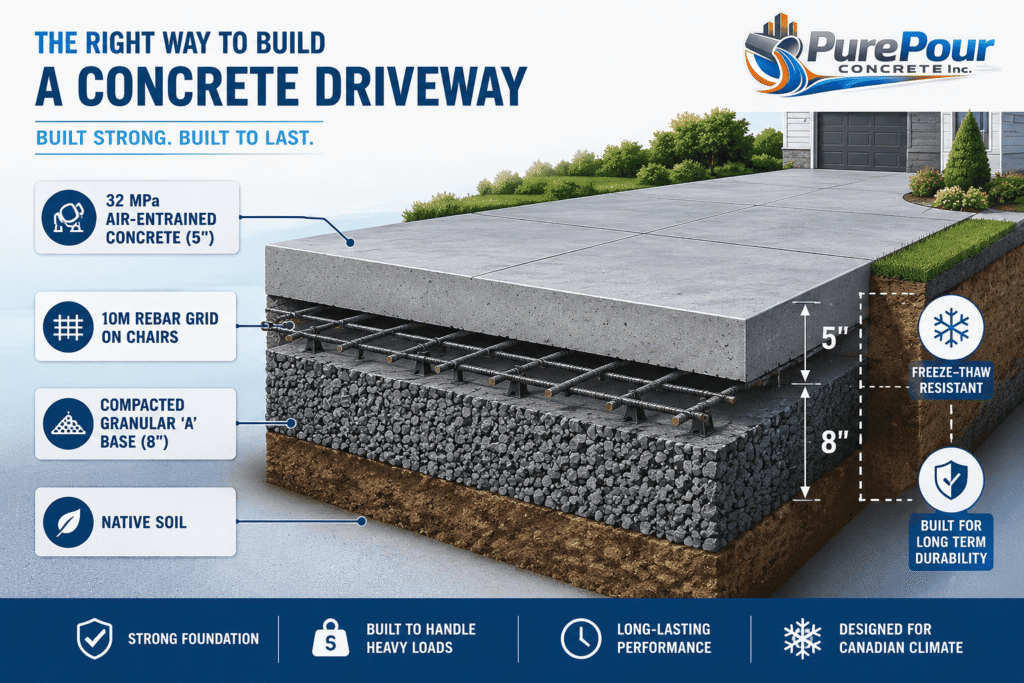 Concrete driveway construction showing 32 MPa concrete, rebar reinforcement and compacted granular base