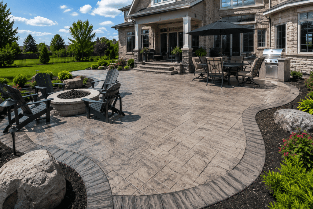 Decorative concrete patio with stamped concrete design