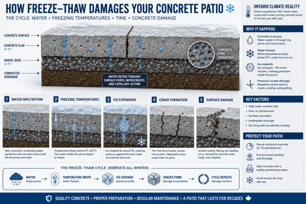 Freeze thaw cycle causing cracks and surface damage in concrete patios across Ontario