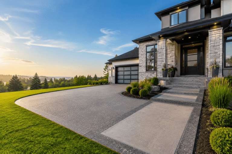 Modern home with professionally installed residential concrete driveway and front walkway in Ontario.