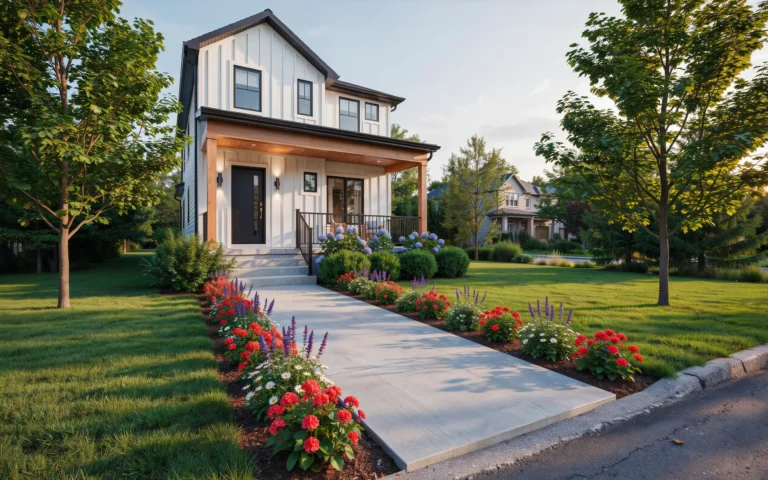 Concrete Walkways leading to a modern home's front entrance in Kitchener