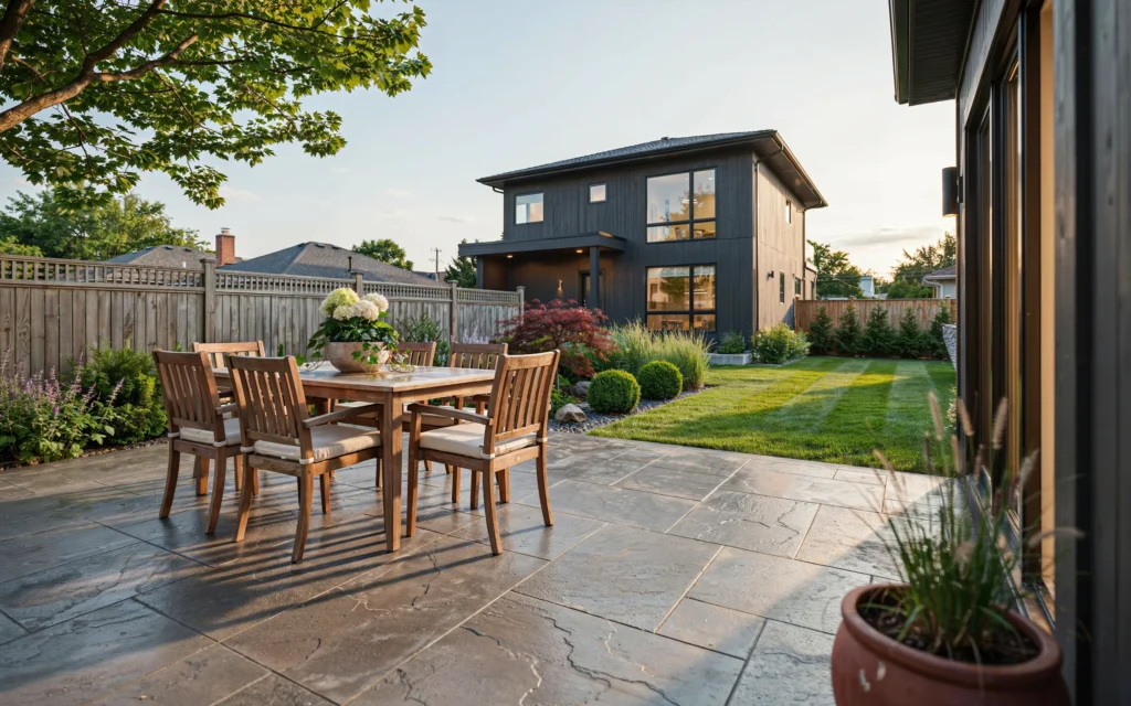 Luxury stamped concrete patio designs in a modern backyard home in Kitchener Ontario