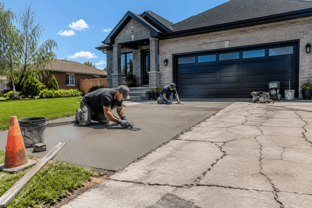 Professional repairing a cracked residential concrete driveway in Kitchener, Ontario