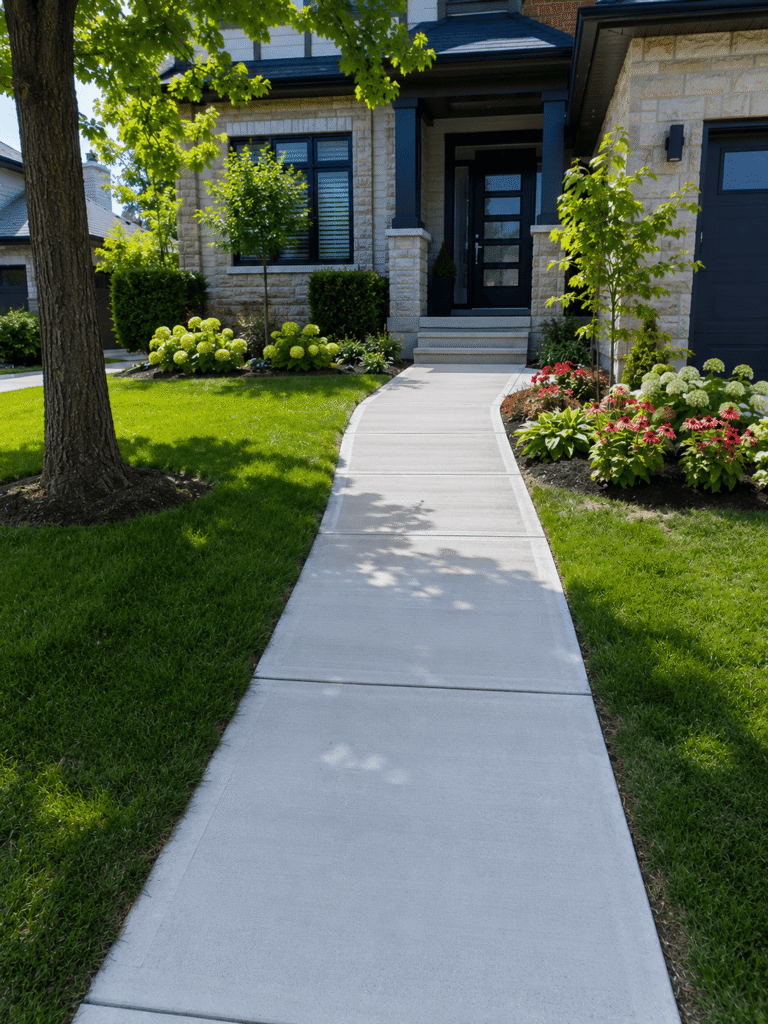 Professionally repaired residential concrete sidewalk at a modern home in Ontario, Canada.