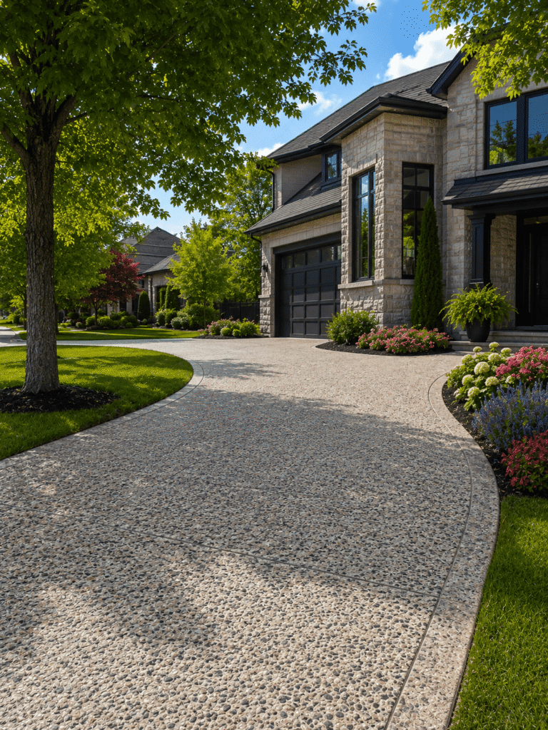 Professionally installed exposed aggregate concrete driveway at a luxury home in Ontario, Canada.