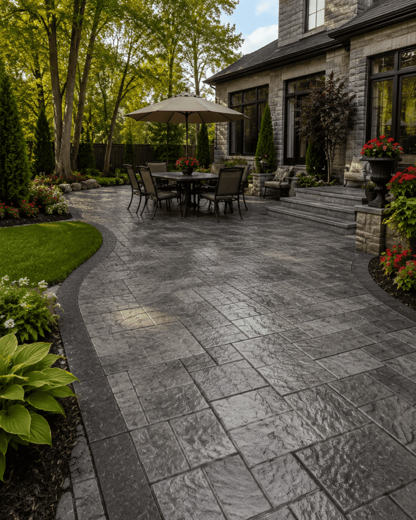 Professionally installed stamped concrete patio at a luxury residential property in Ontario, Canada.
