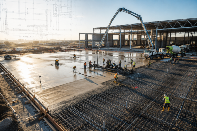 Commercial concrete slab thickness guide showing reinforced concrete slab installation for commercial building