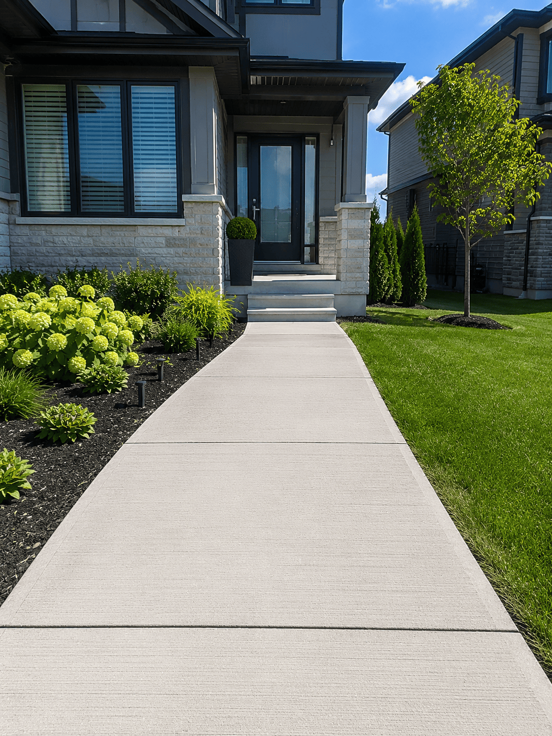Professional residential concrete driveway, walkway and steps at a luxury home in Kitchener, Ontario.