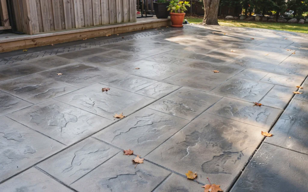 Close-up of stamped concrete patio designs with realistic slate texture and decorative finish