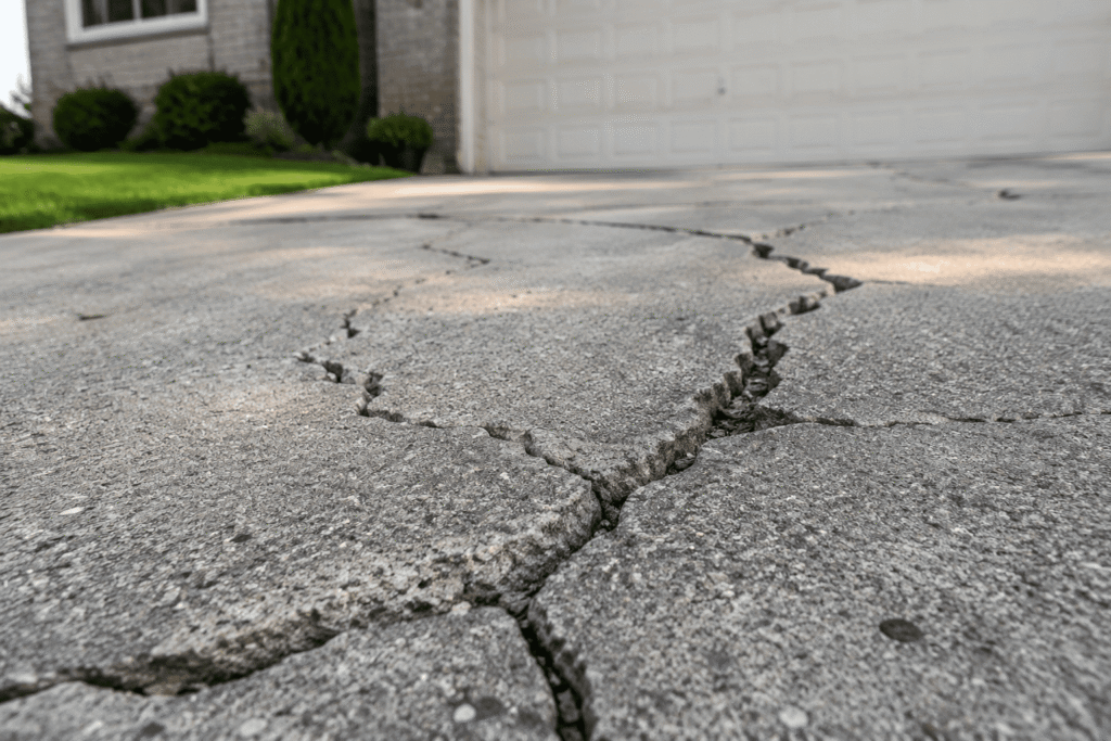 Large structural cracks in a residential concrete driveway requiring professional repair