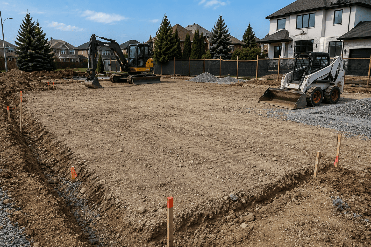 Residential site preparation using excavation equipment in Waterloo, Ontario.