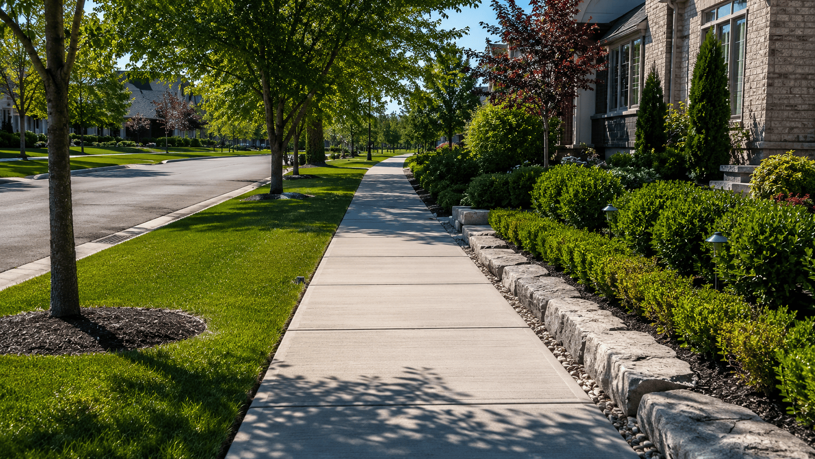 Newly repaired residential concrete sidewalk with professional finishing in Ontario.