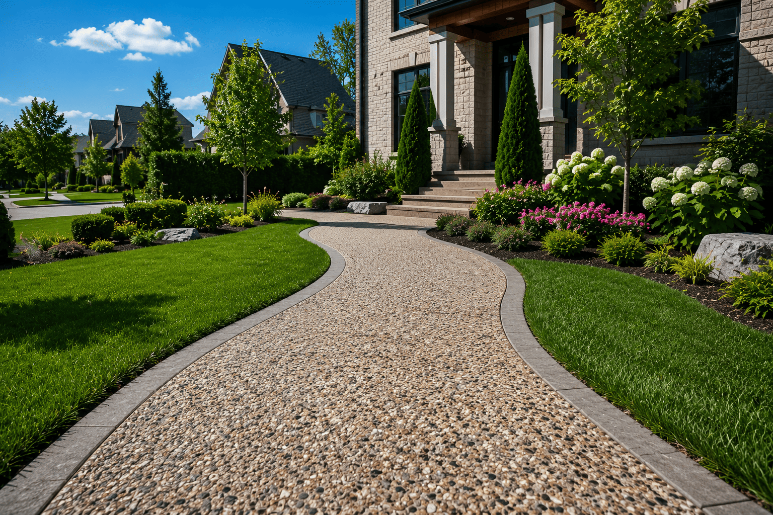 Decorative exposed aggregate concrete walkway at a residential property in Ontario.