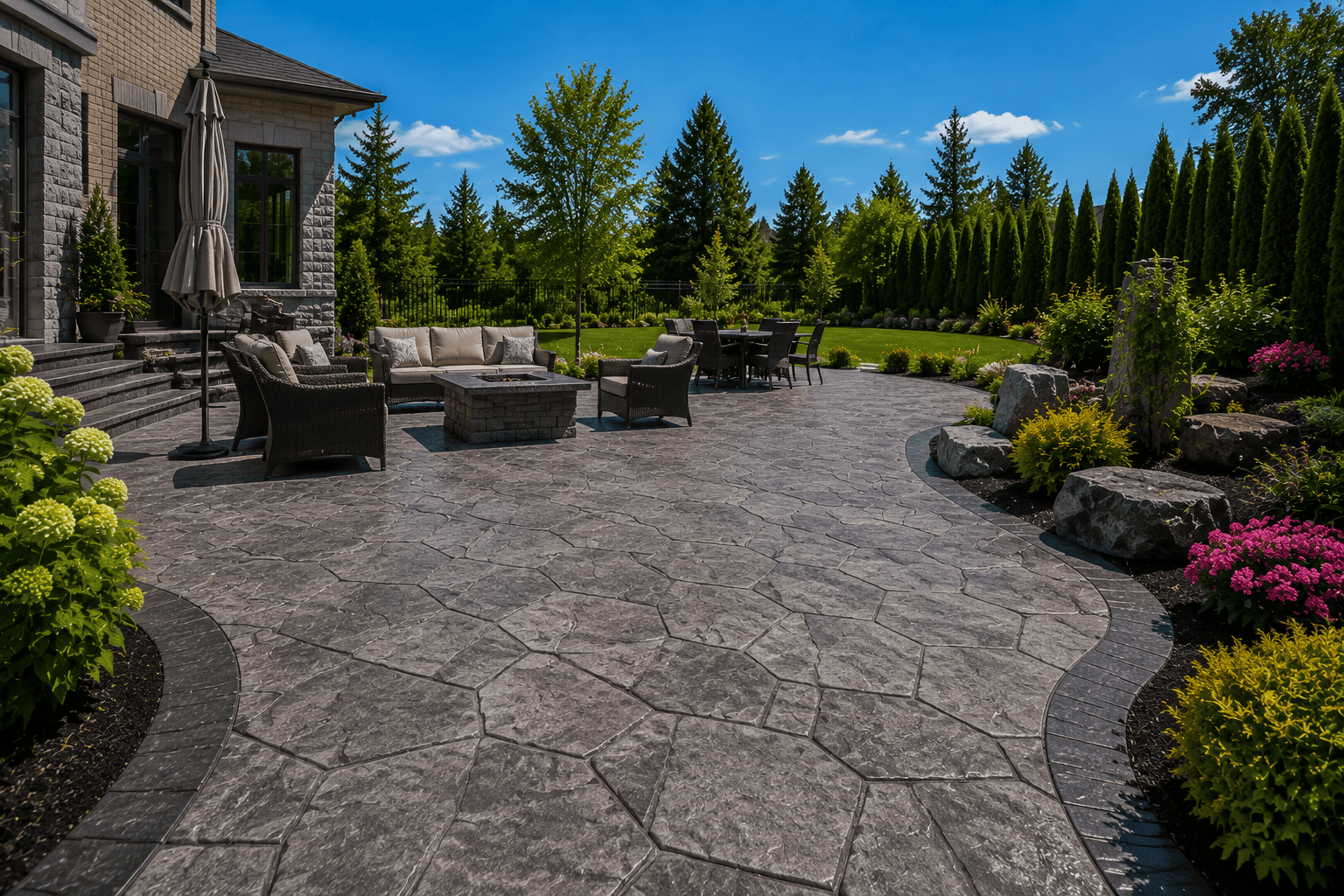 Stamped concrete patio creating a luxury outdoor living space in Ontario.