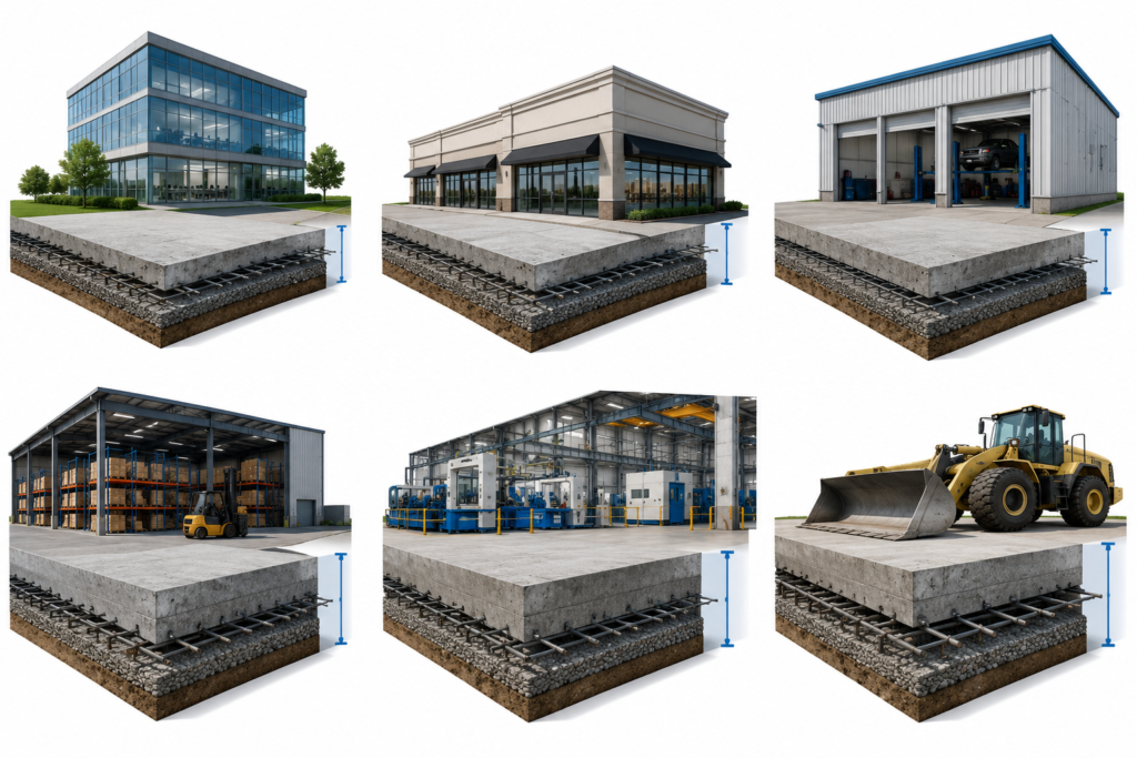 Commercial concrete slab thickness comparison for different building types