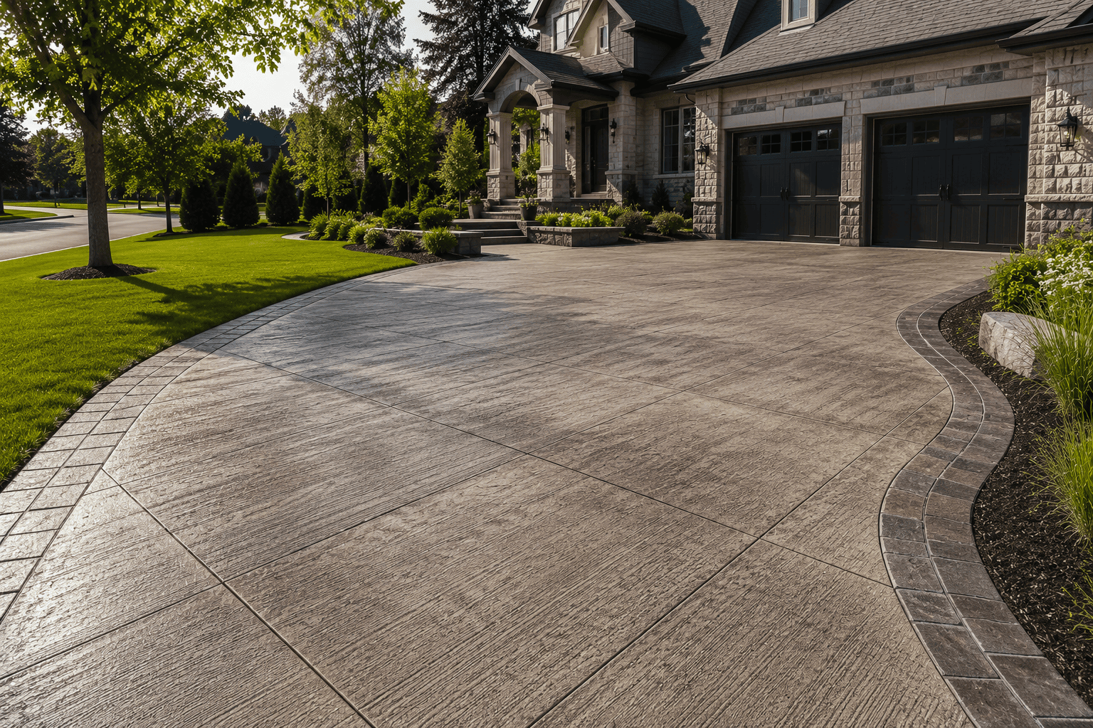 Decorative concrete driveway with textured finish at a luxury Ontario residence.