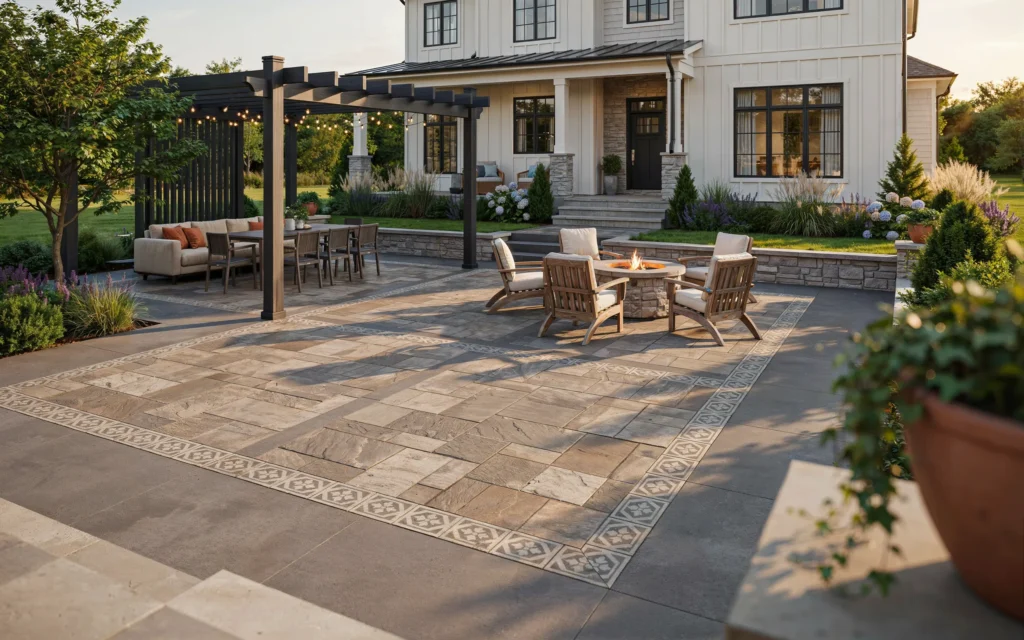 Modern stamped concrete patio designs with fire pit pergola and outdoor living space