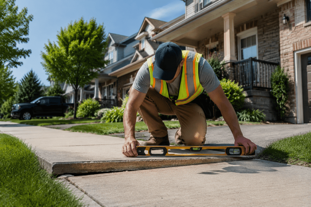 Sunken residential concrete sidewalk creating a trip hazard before leveling