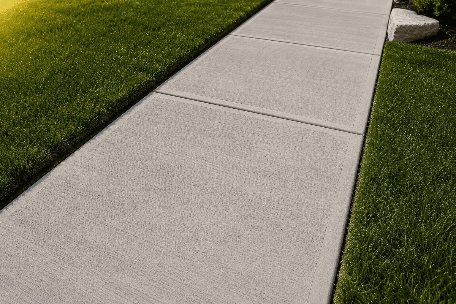 Smooth finished concrete sidewalk repair with clean control joints.