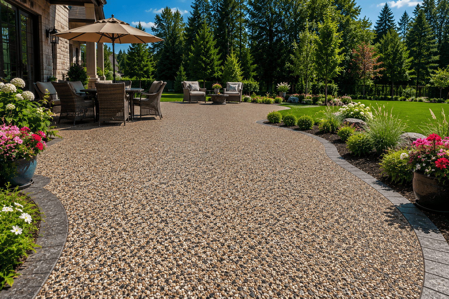 Luxury exposed aggregate concrete patio with decorative stone finish in Ontario.