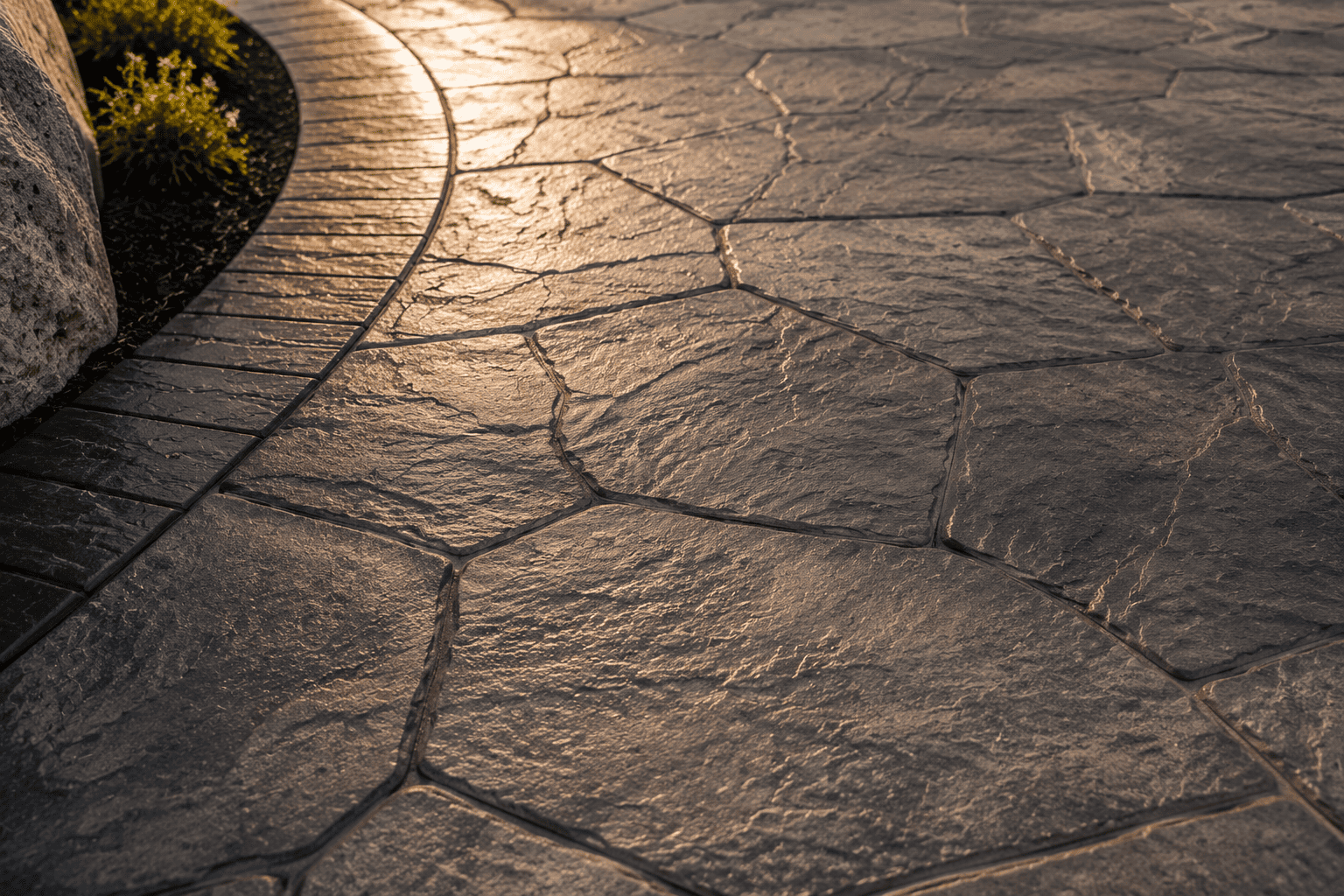 Close-up of stamped concrete patio texture with natural slate pattern.