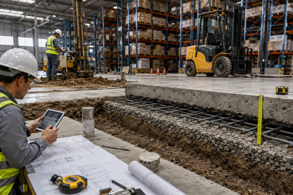 Factors affecting commercial concrete slab thickness including soil testing and reinforcement