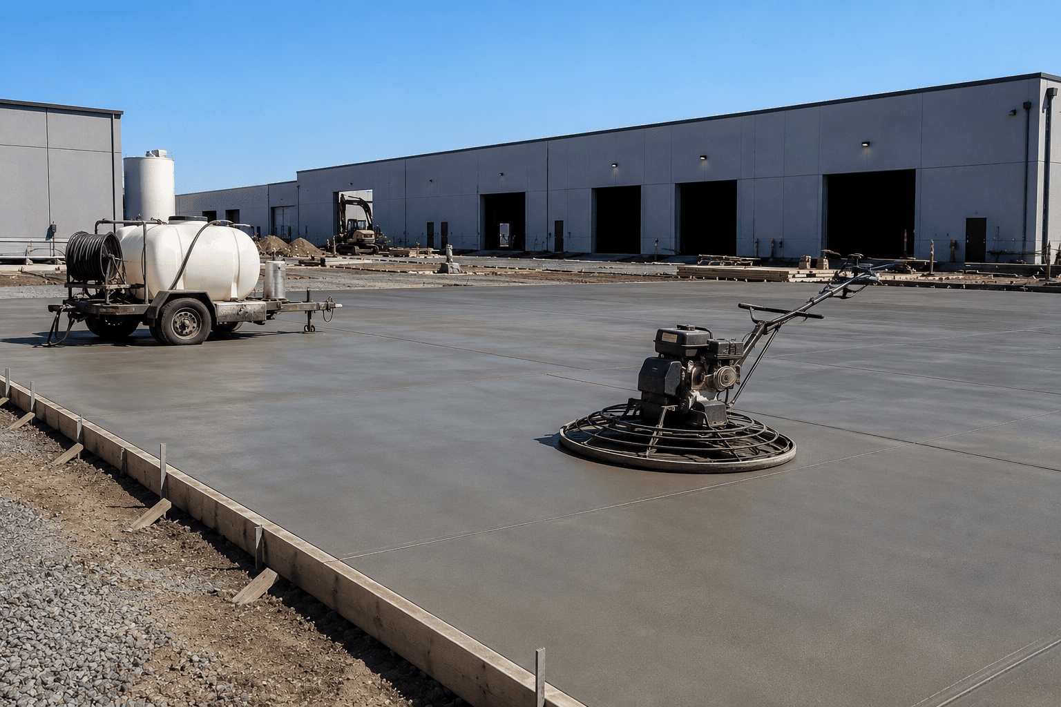 Commercial concrete slab installation process with professional equipment in Guelph.