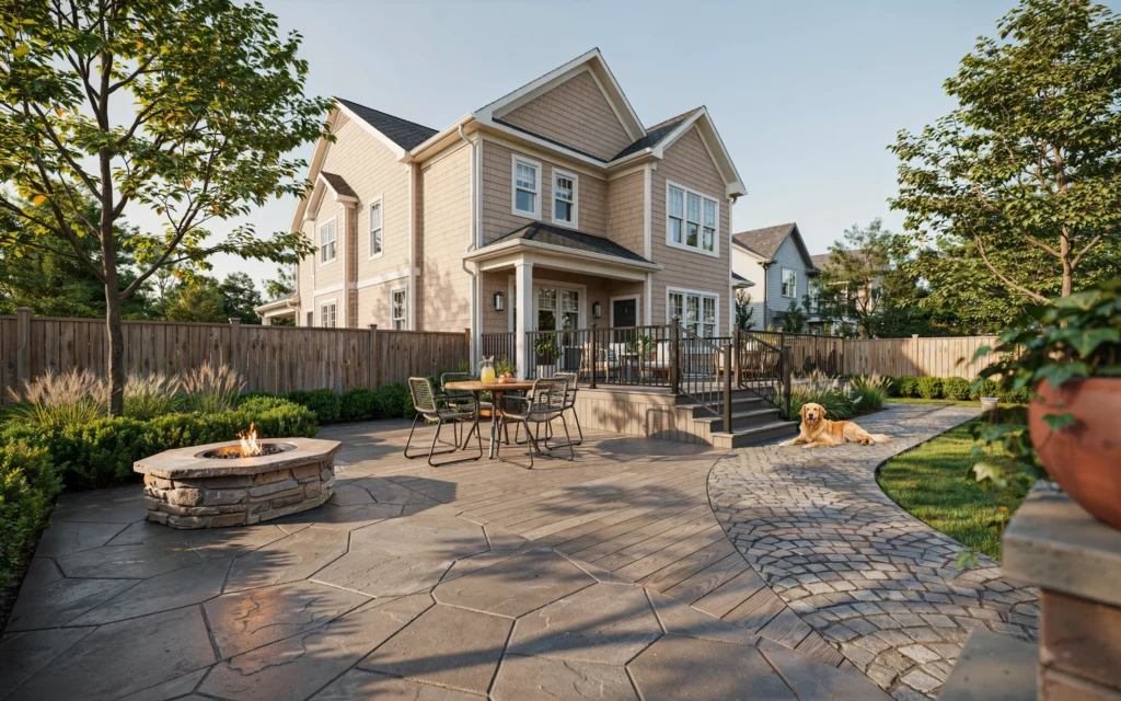 Different stamped concrete patio designs including cobblestone wood plank and flagstone patterns