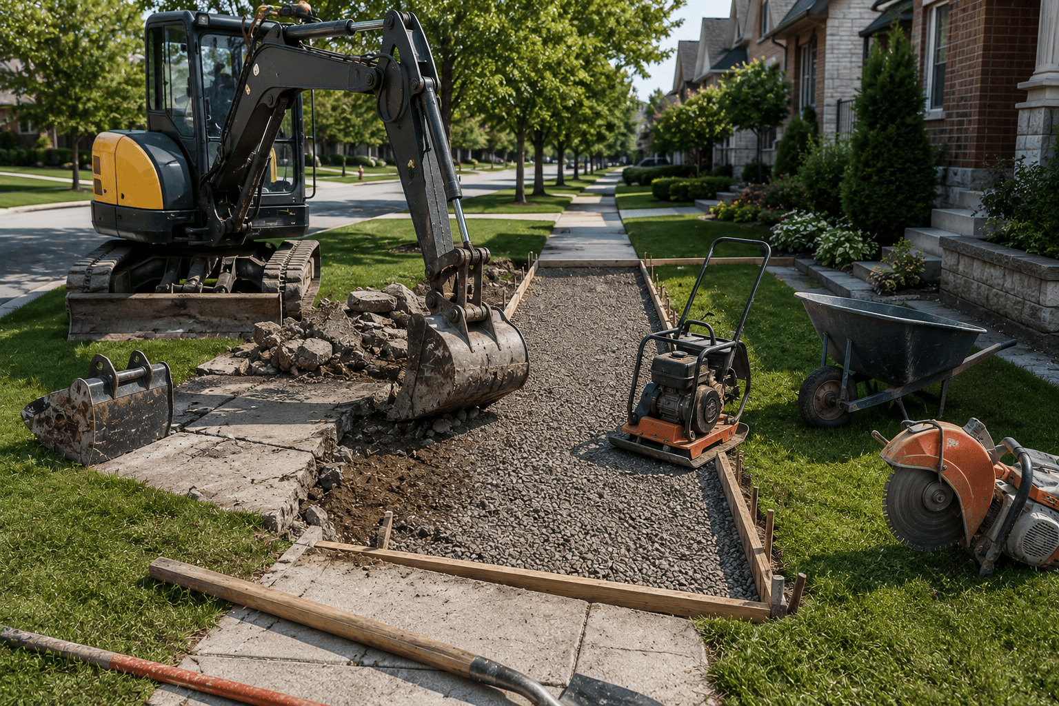 Concrete sidewalk repair process with excavation equipment in Ontario.