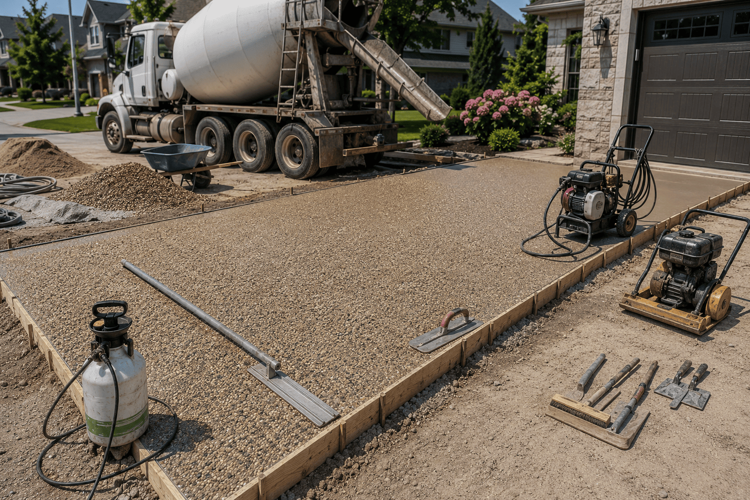 Exposed aggregate concrete installation process using professional equipment in Ontario.