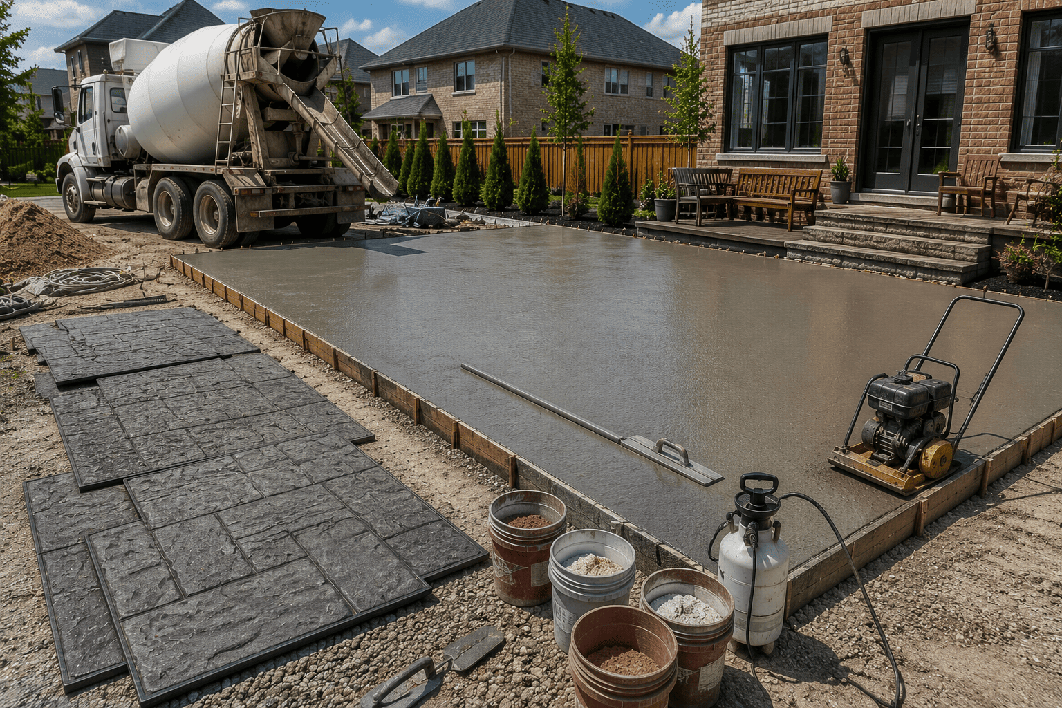 Stamped concrete patio installation using professional stamping equipment in Ontario.