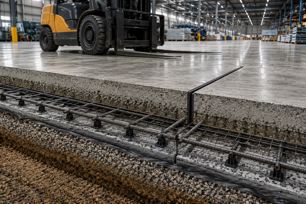 Reinforced commercial concrete slab with steel rebar and wire mesh