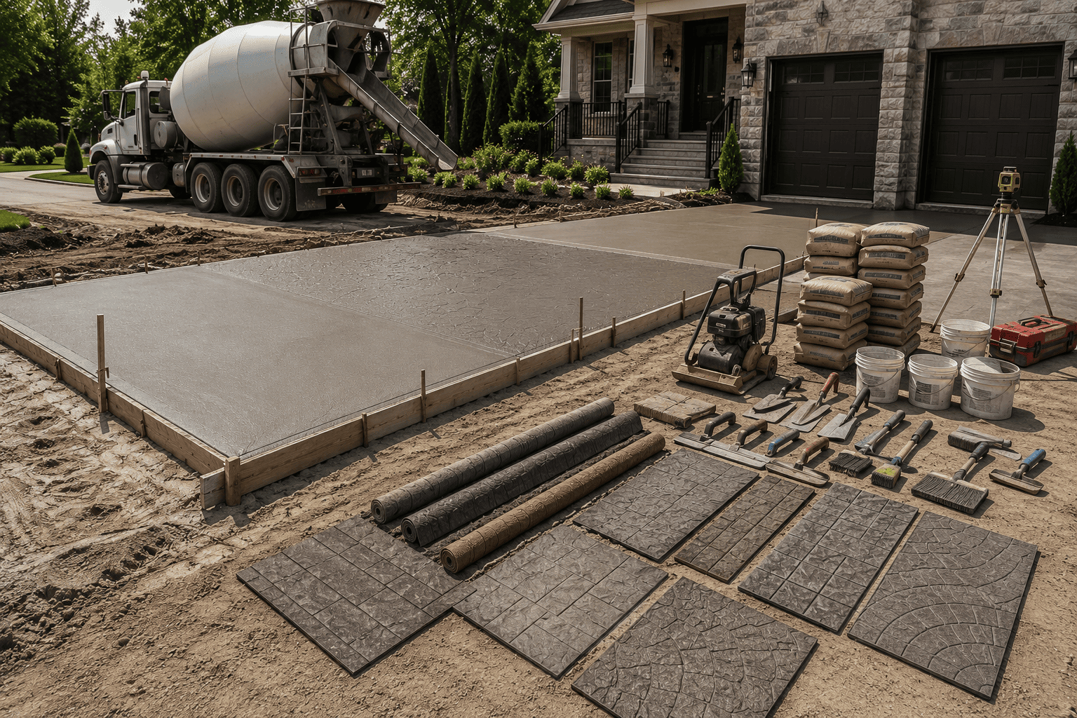 Decorative concrete installation process using stamping tools in Ontario.