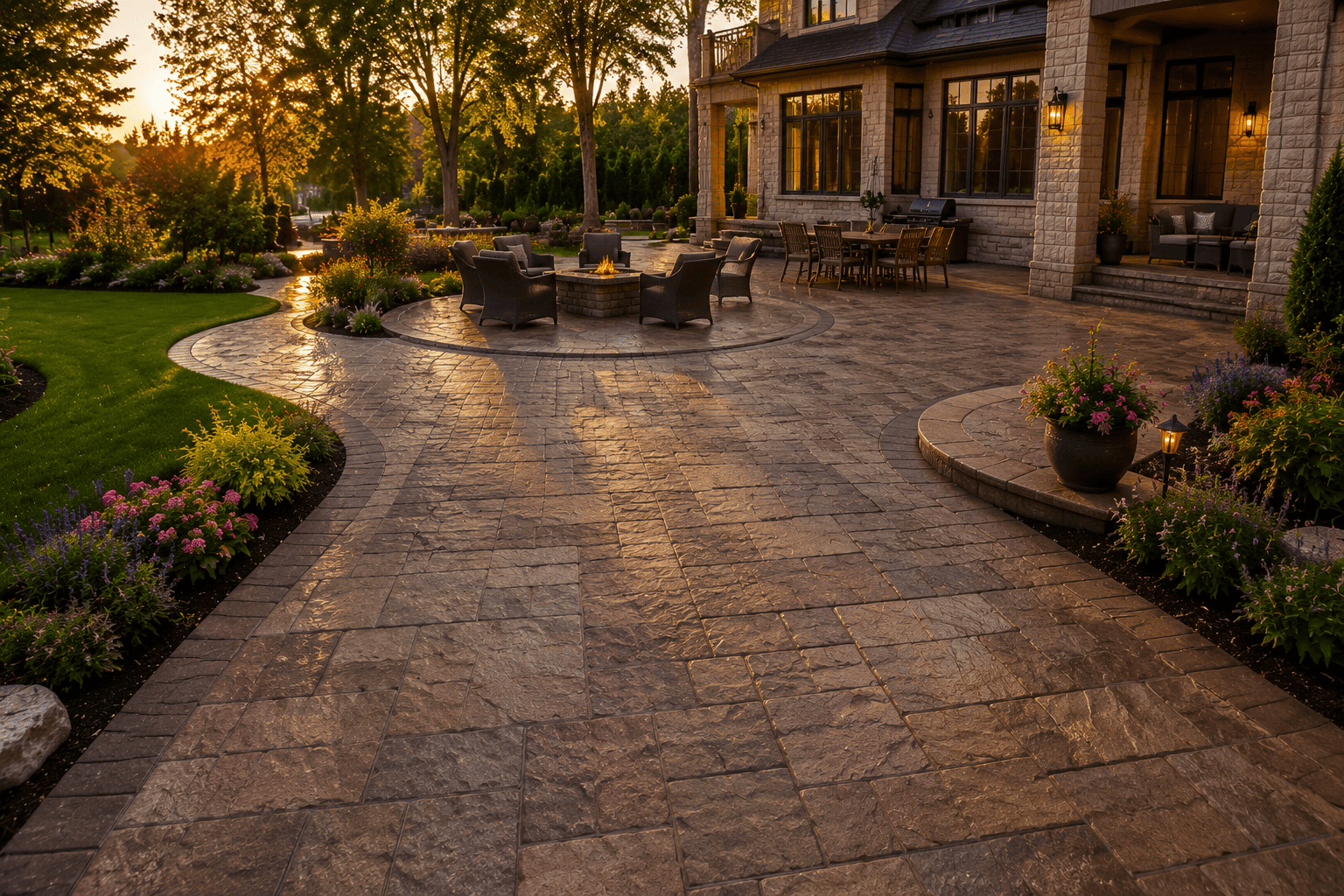 Luxury stamped concrete patio and decorative walkway at an Ontario home.