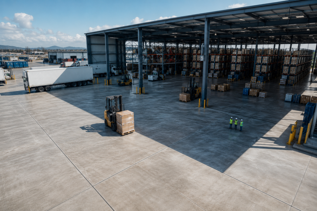 Completed commercial concrete slab supporting warehouse equipment and forklifts
