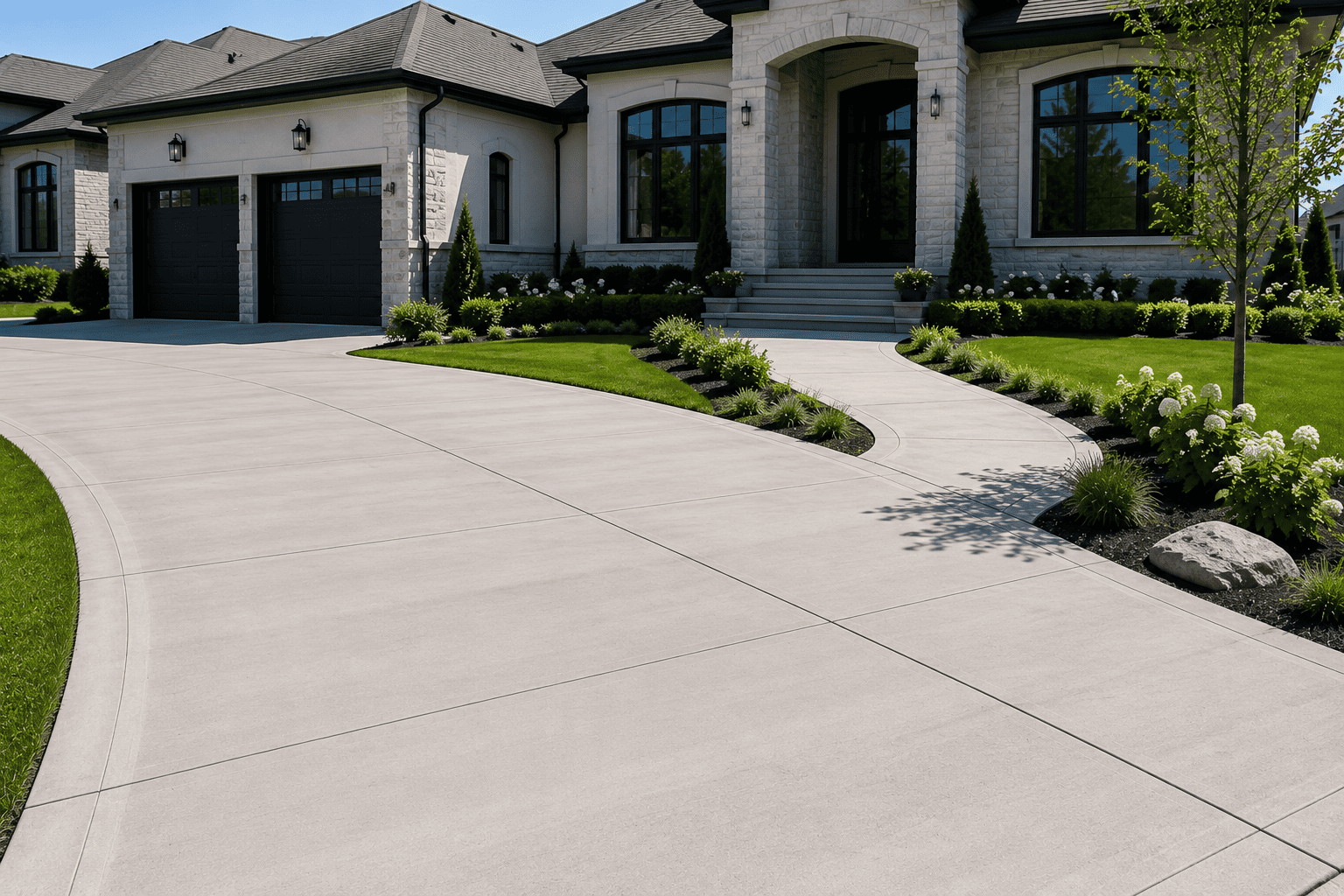 Residential concrete walkway and front steps at a luxury home in Kitchener, Ontario.
