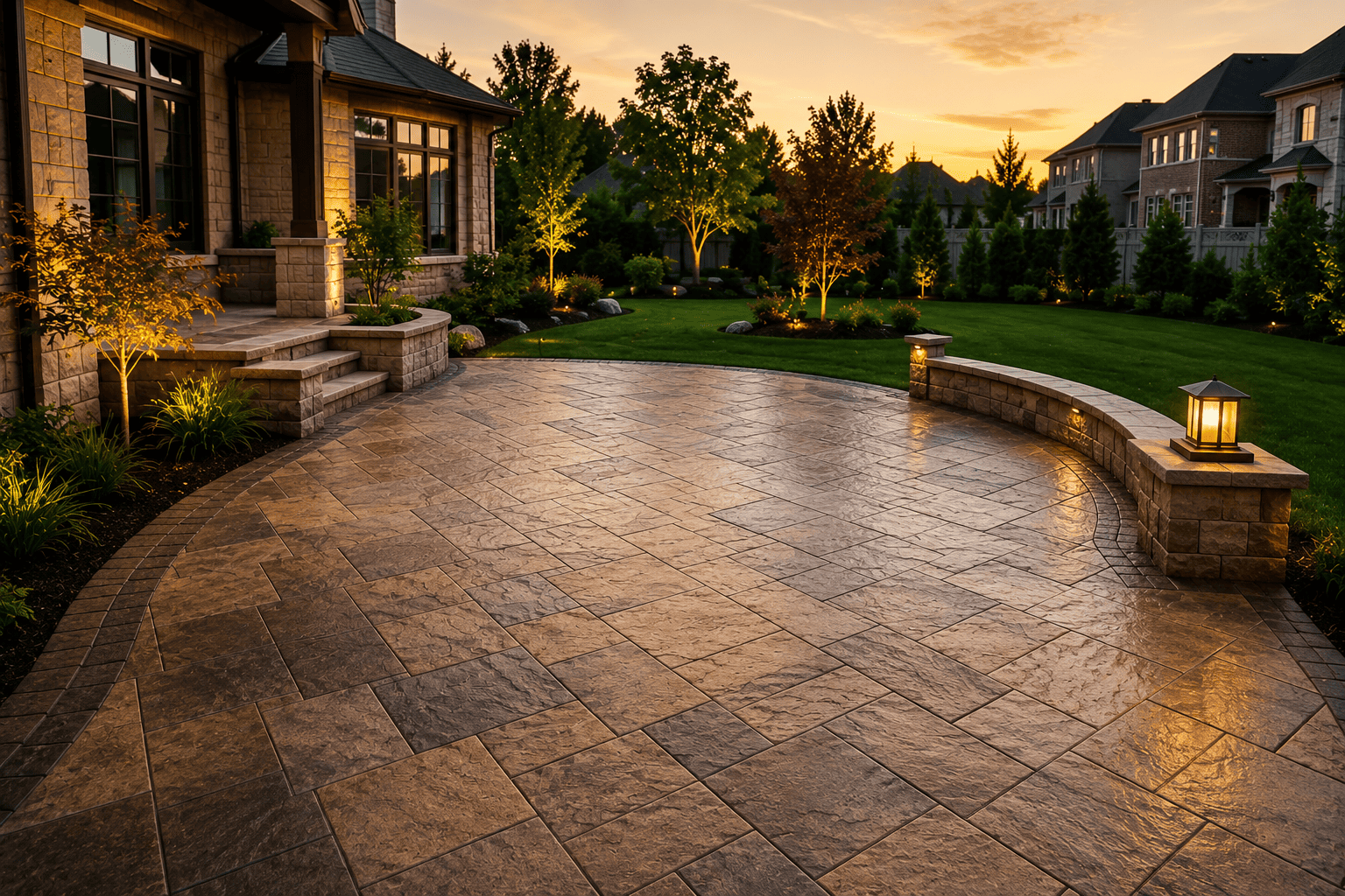 Stamped decorative concrete patio with natural slate pattern in Ontario.