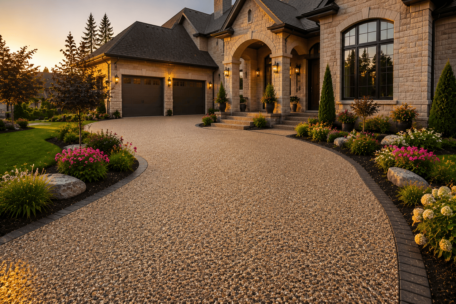 Luxury exposed aggregate concrete driveway and walkway at an Ontario home.