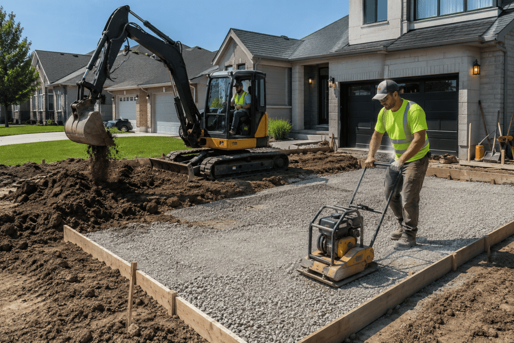 Completed residential concrete driveway with modern landscaping in Kitchener, Ontario.