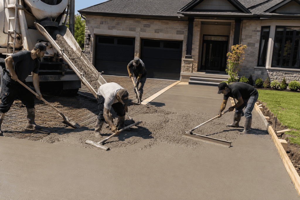 Professional contractors pouring ready-mix concrete for a residential driveway installation in Kitchener.