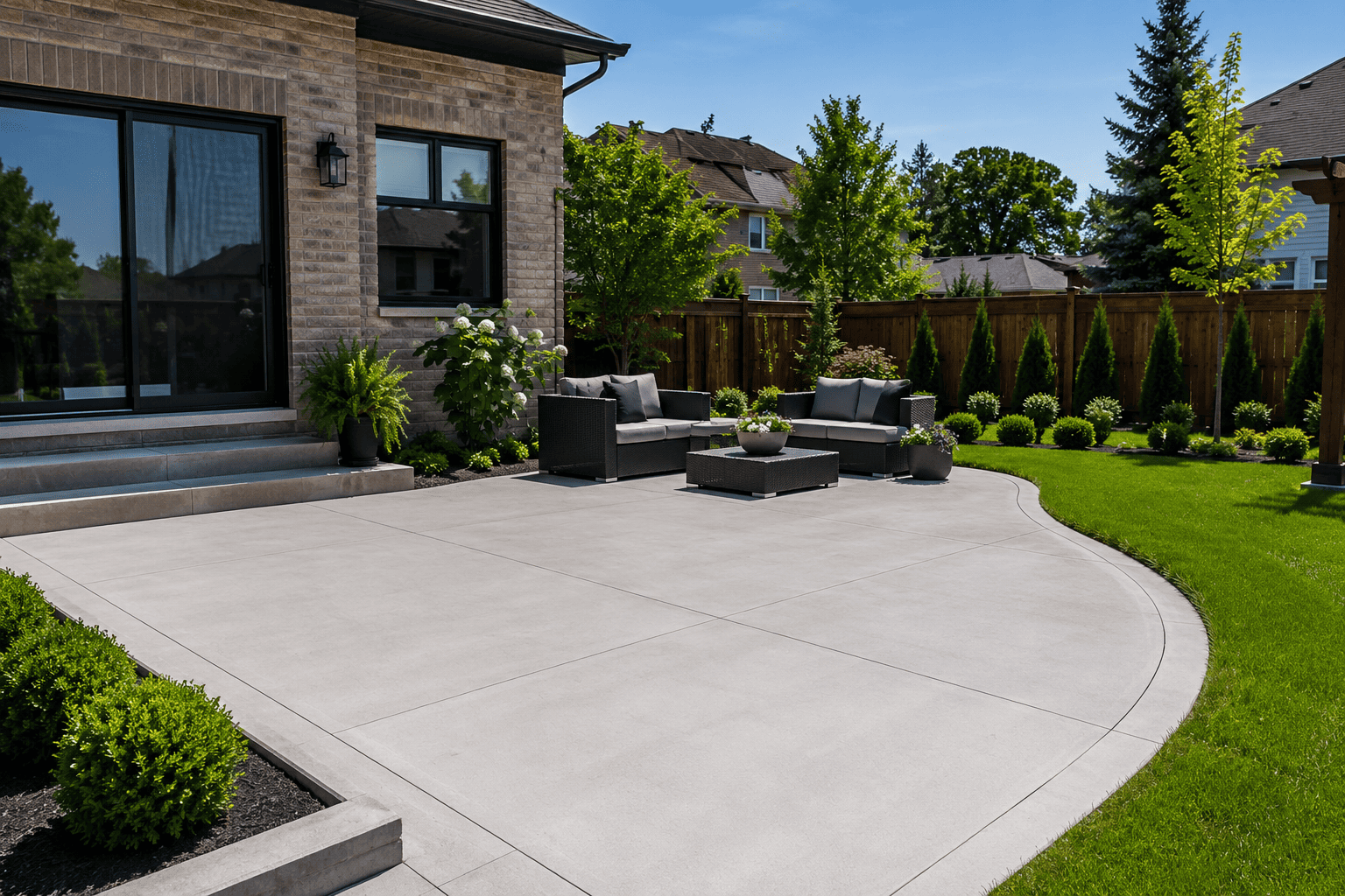 Residential concrete patio installation at a luxury home in Cambridge, Ontario.