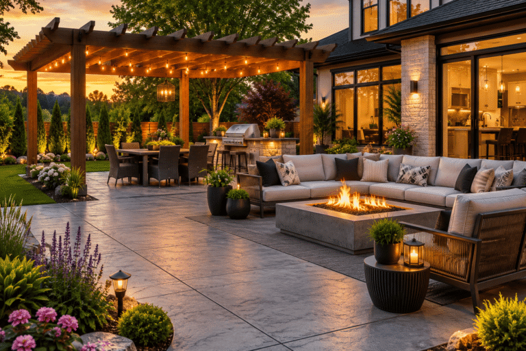 Outdoor living room on a modern concrete patio with pergola and fire pit